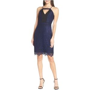 Anthropologie Harlyn Lace Halter Cocktail Dress NWT Navy Black Geometric Lace